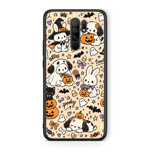 Θήκη Xiaomi Redmi 9 / 9 Prime Halloween Puppies and Friends on Cream από τη Smartfits με σχέδιο στο πίσω μέρος και μαύρο περίβλημα | Xiaomi Redmi 9 / 9 Prime Halloween Puppies and Friends on Cream case with colorful back and black bezels