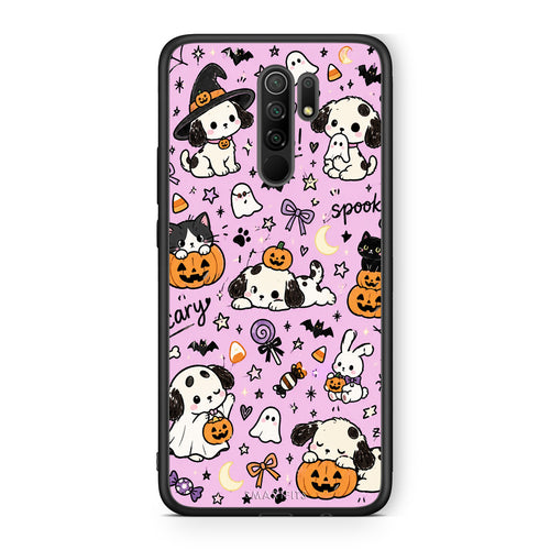 Θήκη Xiaomi Redmi 9 / 9 Prime Halloween Puppies and Friends on Lilac από τη Smartfits με σχέδιο στο πίσω μέρος και μαύρο περίβλημα | Xiaomi Redmi 9 / 9 Prime Halloween Puppies and Friends on Lilac case with colorful back and black bezels