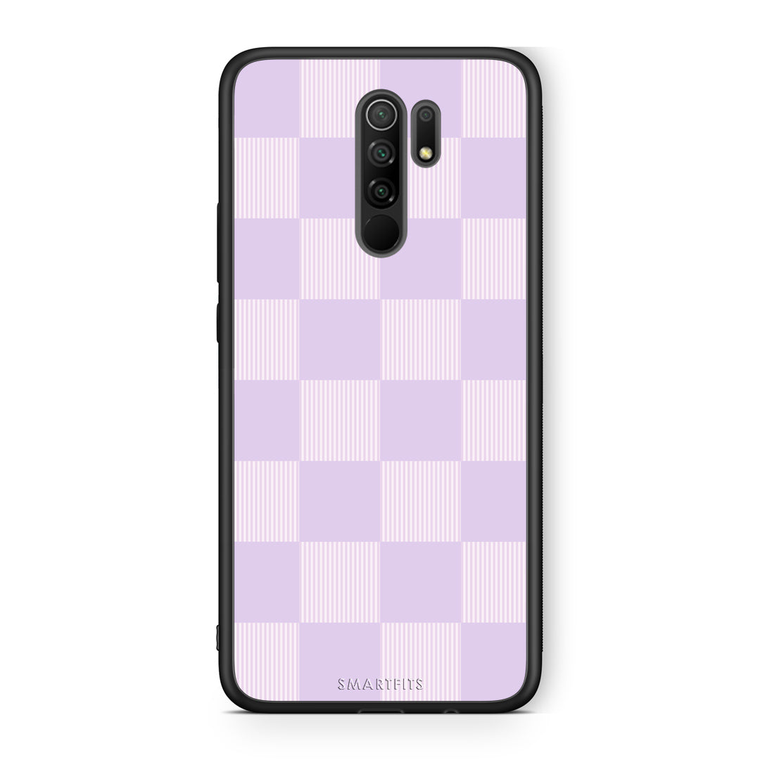Θήκη Xiaomi Redmi 9 / 9 Prime Lilac and Cream Striped Checks από τη Smartfits με σχέδιο στο πίσω μέρος και μαύρο περίβλημα | Xiaomi Redmi 9 / 9 Prime Lilac and Cream Striped Checks case with colorful back and black bezels