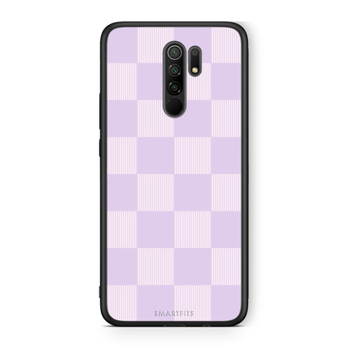 Θήκη Xiaomi Redmi 9 / 9 Prime Lilac and Cream Striped Checks από τη Smartfits με σχέδιο στο πίσω μέρος και μαύρο περίβλημα | Xiaomi Redmi 9 / 9 Prime Lilac and Cream Striped Checks case with colorful back and black bezels