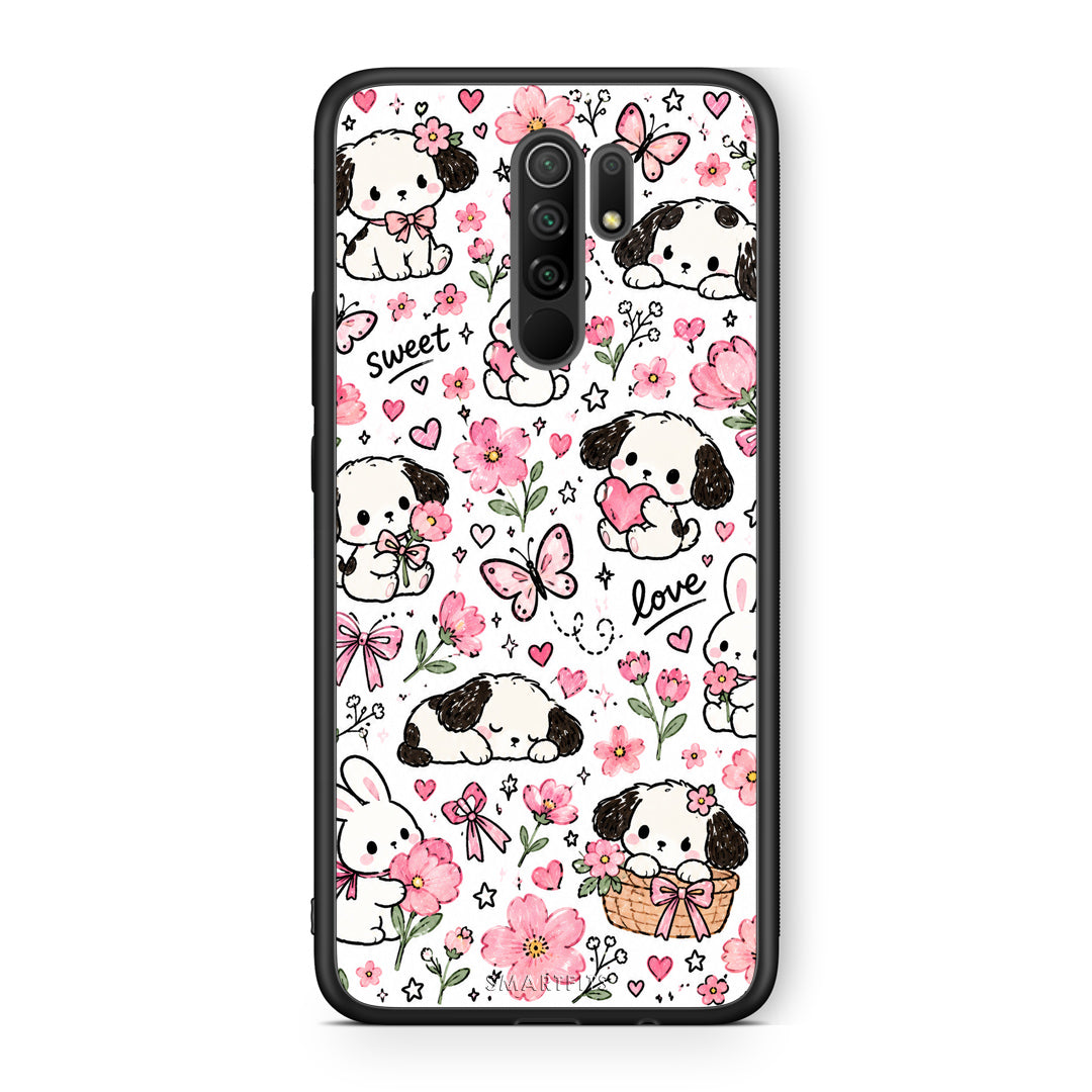 Θήκη Xiaomi Redmi 9 / 9 Prime Pink Florals Puppies and Bunnies on White από τη Smartfits με σχέδιο στο πίσω μέρος και μαύρο περίβλημα | Xiaomi Redmi 9 / 9 Prime Pink Florals Puppies and Bunnies on White case with colorful back and black bezels