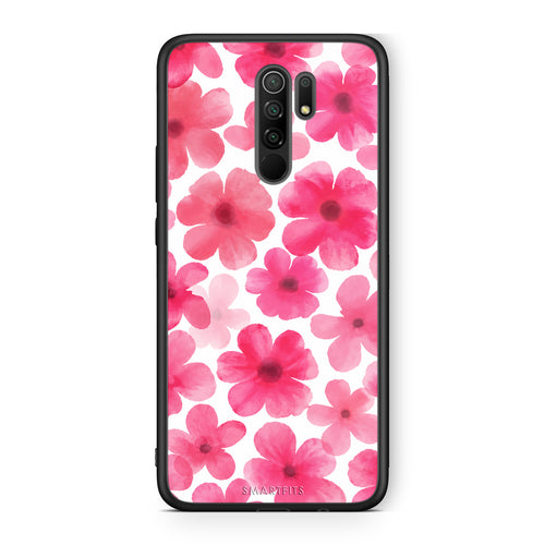 Θήκη Xiaomi Redmi 9 / 9 Prime Pink Watercolour Flowers on White από τη Smartfits με σχέδιο στο πίσω μέρος και μαύρο περίβλημα | Xiaomi Redmi 9 / 9 Prime Pink Watercolour Flowers on White case with colorful back and black bezels