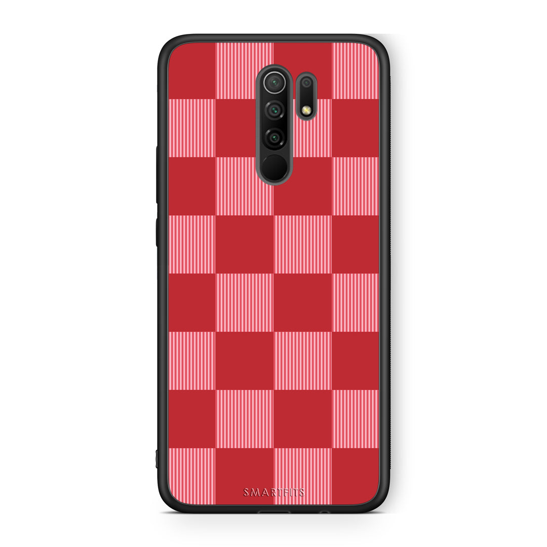 Θήκη Xiaomi Redmi 9 / 9 Prime Red and Pink Striped Checks από τη Smartfits με σχέδιο στο πίσω μέρος και μαύρο περίβλημα | Xiaomi Redmi 9 / 9 Prime Red and Pink Striped Checks case with colorful back and black bezels