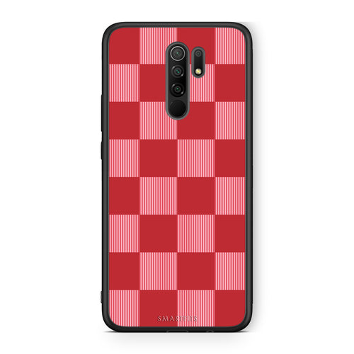 Θήκη Xiaomi Redmi 9 / 9 Prime Red and Pink Striped Checks από τη Smartfits με σχέδιο στο πίσω μέρος και μαύρο περίβλημα | Xiaomi Redmi 9 / 9 Prime Red and Pink Striped Checks case with colorful back and black bezels