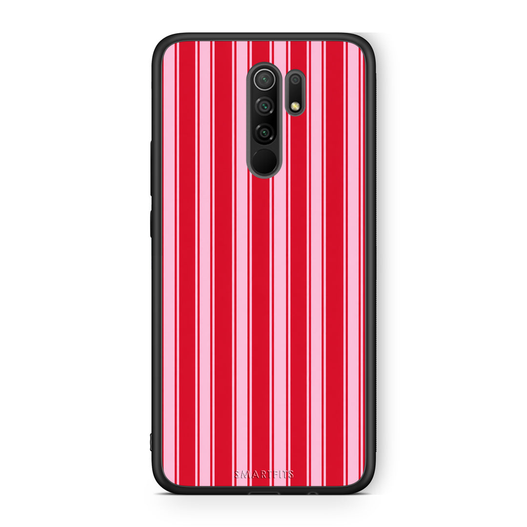 Θήκη Xiaomi Redmi 9 / 9 Prime Red and Pink Vertical Pinstripes από τη Smartfits με σχέδιο στο πίσω μέρος και μαύρο περίβλημα | Xiaomi Redmi 9 / 9 Prime Red and Pink Vertical Pinstripes case with colorful back and black bezels