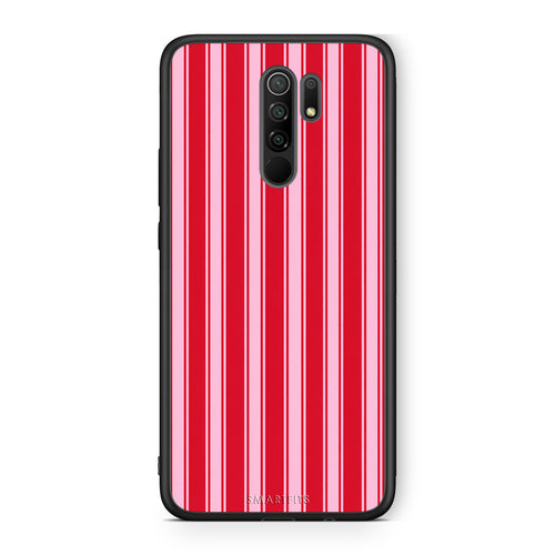 Θήκη Xiaomi Redmi 9 / 9 Prime Red and Pink Vertical Pinstripes από τη Smartfits με σχέδιο στο πίσω μέρος και μαύρο περίβλημα | Xiaomi Redmi 9 / 9 Prime Red and Pink Vertical Pinstripes case with colorful back and black bezels