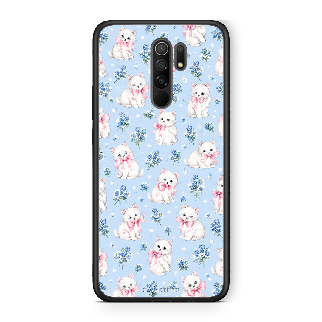 Θήκη Xiaomi Redmi 9 / 9 Prime White Kittens and Blue Flowers Small από τη Smartfits με σχέδιο στο πίσω μέρος και μαύρο περίβλημα | Xiaomi Redmi 9 / 9 Prime White Kittens and Blue Flowers Small case with colorful back and black bezels