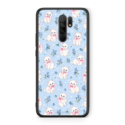 Θήκη Xiaomi Redmi 9 / 9 Prime White Kittens and Blue Flowers Small από τη Smartfits με σχέδιο στο πίσω μέρος και μαύρο περίβλημα | Xiaomi Redmi 9 / 9 Prime White Kittens and Blue Flowers Small case with colorful back and black bezels