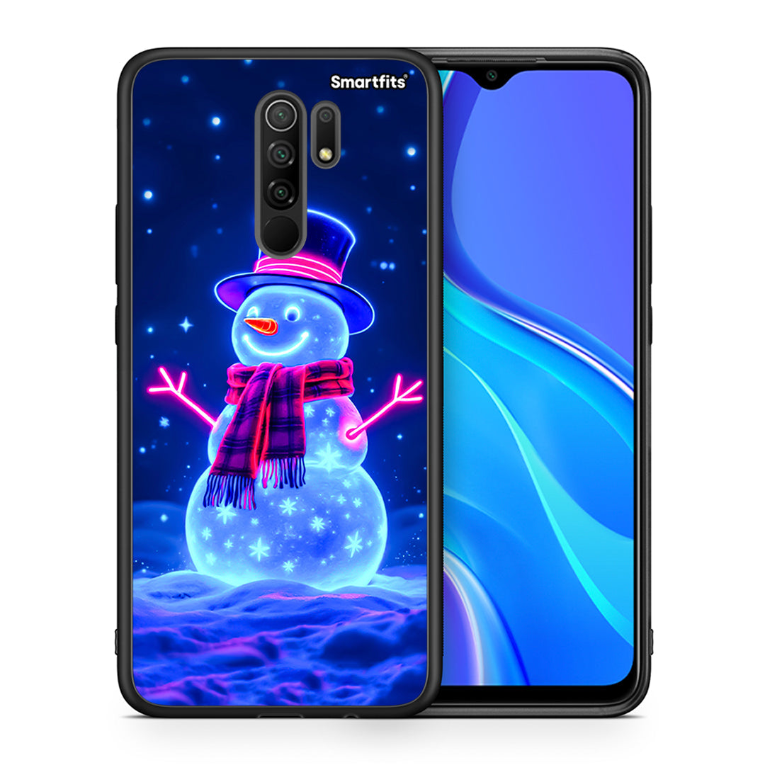 Θήκη Xiaomi Redmi 9/9 Prime Christmas Neon Snowman από τη Smartfits με σχέδιο στο πίσω μέρος και μαύρο περίβλημα | Xiaomi Redmi 9/9 Prime Christmas Neon Snowman case with colorful back and black bezels