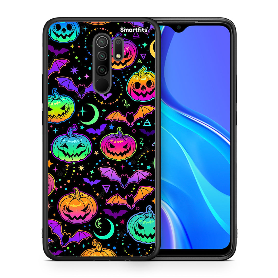 Θήκη Xiaomi Redmi 9/9 Prime Neon Halloween από τη Smartfits με σχέδιο στο πίσω μέρος και μαύρο περίβλημα | Xiaomi Redmi 9/9 Prime Neon Halloween case with colorful back and black bezels