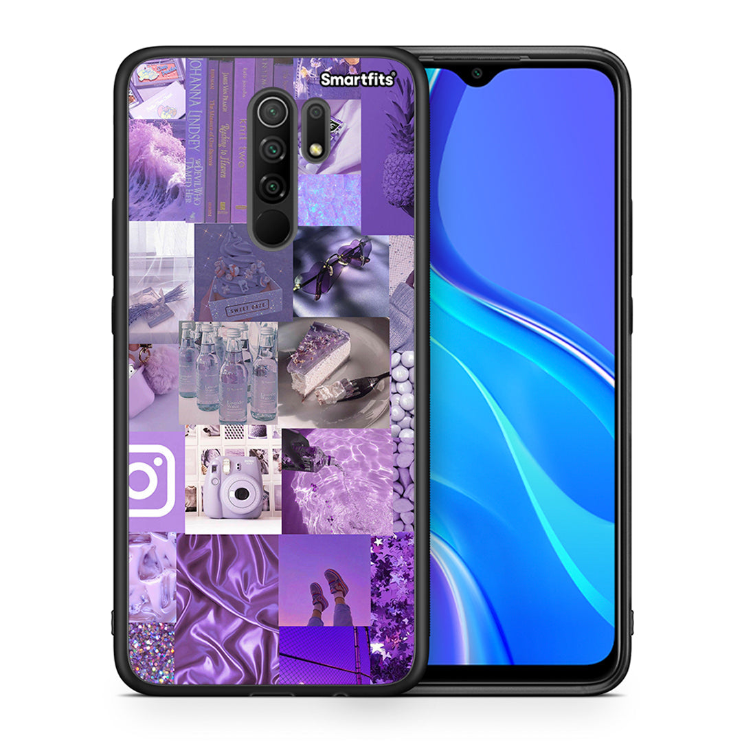 Θήκη Xiaomi Redmi 9/9 Prime Purple Aesthetic Collage από τη Smartfits με σχέδιο στο πίσω μέρος και μαύρο περίβλημα | Xiaomi Redmi 9/9 Prime Purple Aesthetic Collage case with colorful back and black bezels