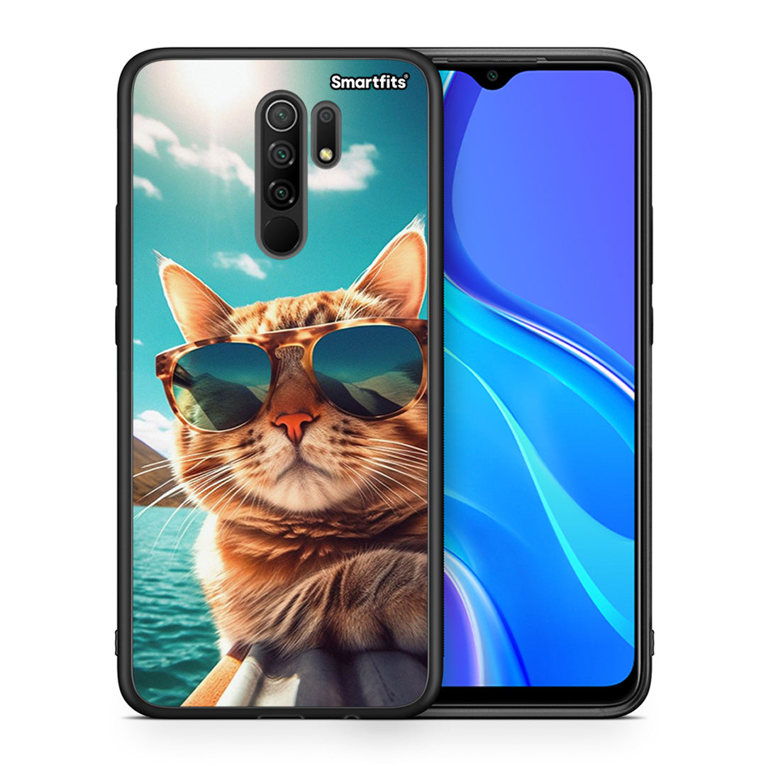 Θήκη Xiaomi Redmi 9/9 Prime Summer Cat από τη Smartfits με σχέδιο στο πίσω μέρος και μαύρο περίβλημα | Xiaomi Redmi 9/9 Prime Summer Cat case with colorful back and black bezels