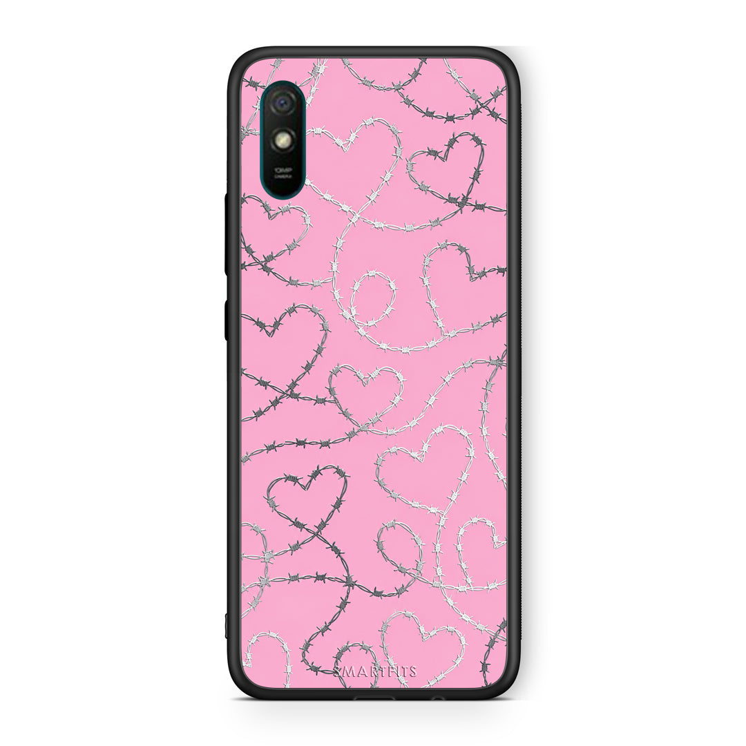 Θήκη Xiaomi Redmi 9A / 9AT Barbed Wire Hearts on Pink από τη Smartfits με σχέδιο στο πίσω μέρος και μαύρο περίβλημα | Xiaomi Redmi 9A / 9AT Barbed Wire Hearts on Pink case with colorful back and black bezels