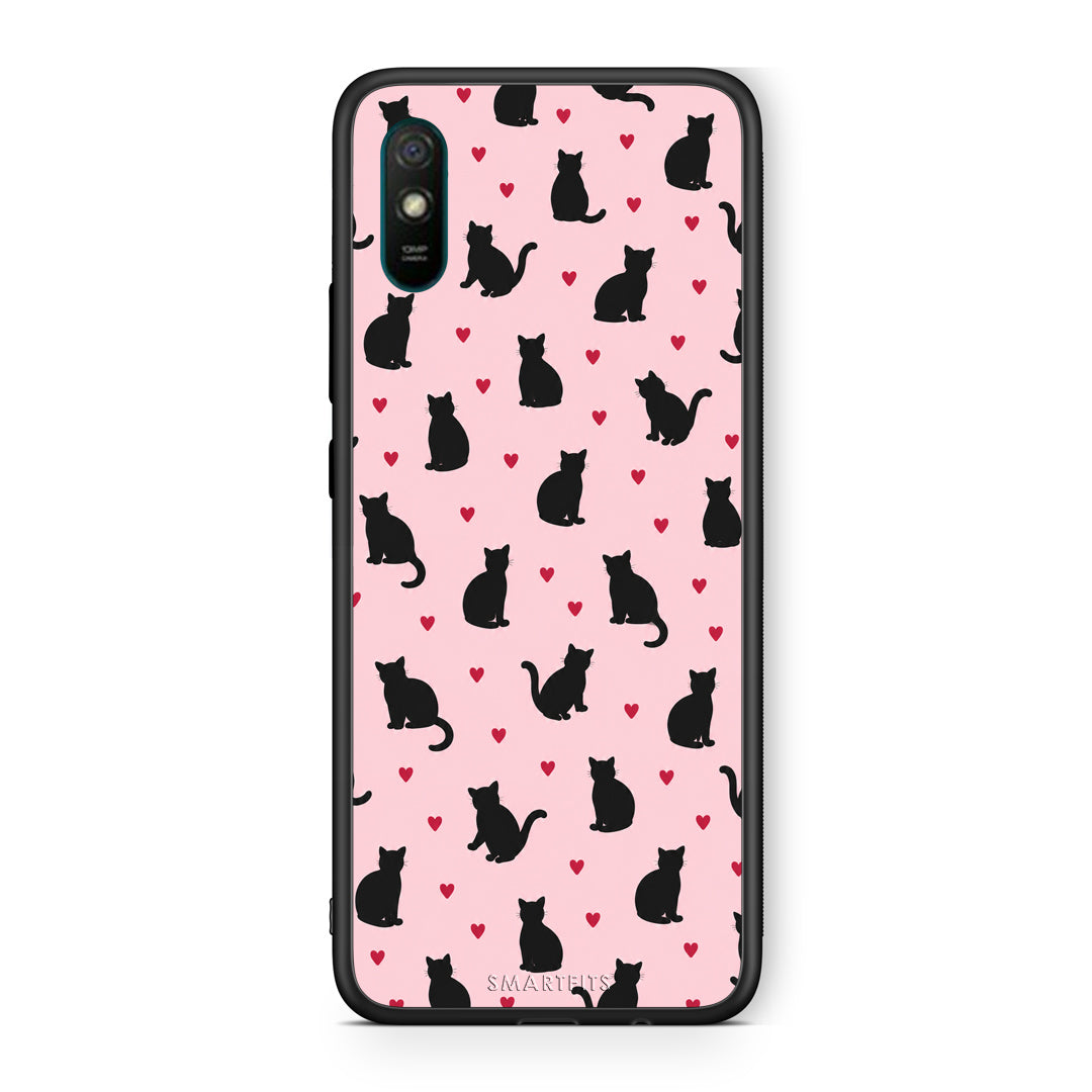Θήκη Xiaomi Redmi 9A / 9AT Black Cat Silhouettes and Hearts on Pink από τη Smartfits με σχέδιο στο πίσω μέρος και μαύρο περίβλημα | Xiaomi Redmi 9A / 9AT Black Cat Silhouettes and Hearts on Pink case with colorful back and black bezels
