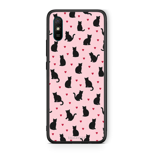 Θήκη Xiaomi Redmi 9A / 9AT Black Cat Silhouettes and Hearts on Pink από τη Smartfits με σχέδιο στο πίσω μέρος και μαύρο περίβλημα | Xiaomi Redmi 9A / 9AT Black Cat Silhouettes and Hearts on Pink case with colorful back and black bezels