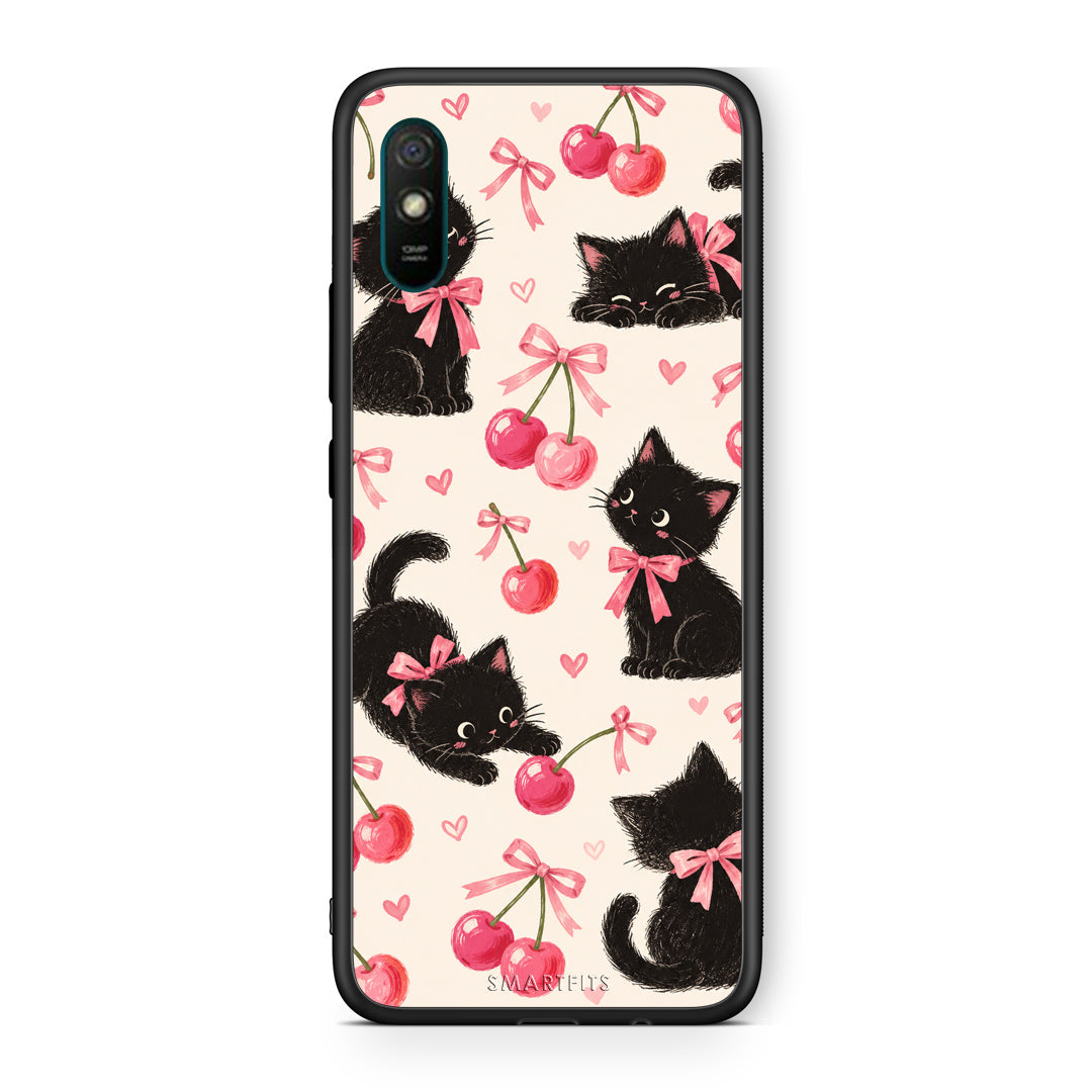 Θήκη Xiaomi Redmi 9A / 9AT Black Kittens and Cherries on Cream από τη Smartfits με σχέδιο στο πίσω μέρος και μαύρο περίβλημα | Xiaomi Redmi 9A / 9AT Black Kittens and Cherries on Cream case with colorful back and black bezels
