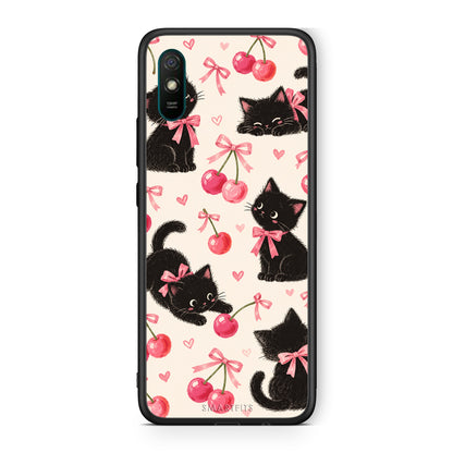 Θήκη Xiaomi Redmi 9A / 9AT Black Kittens and Cherries on Cream από τη Smartfits με σχέδιο στο πίσω μέρος και μαύρο περίβλημα | Xiaomi Redmi 9A / 9AT Black Kittens and Cherries on Cream case with colorful back and black bezels