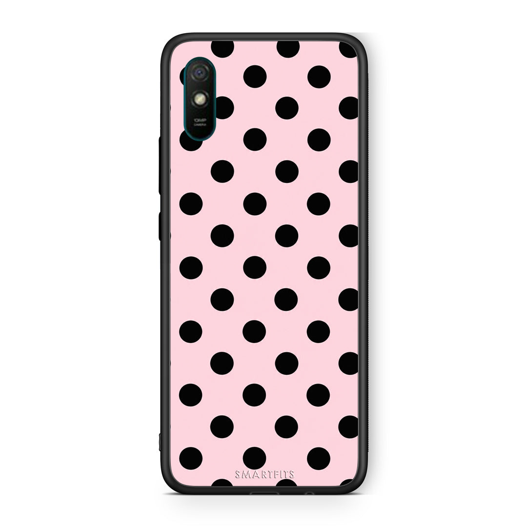 Θήκη Xiaomi Redmi 9A / 9AT Black Polka Dots on Pink από τη Smartfits με σχέδιο στο πίσω μέρος και μαύρο περίβλημα | Xiaomi Redmi 9A / 9AT Black Polka Dots on Pink case with colorful back and black bezels