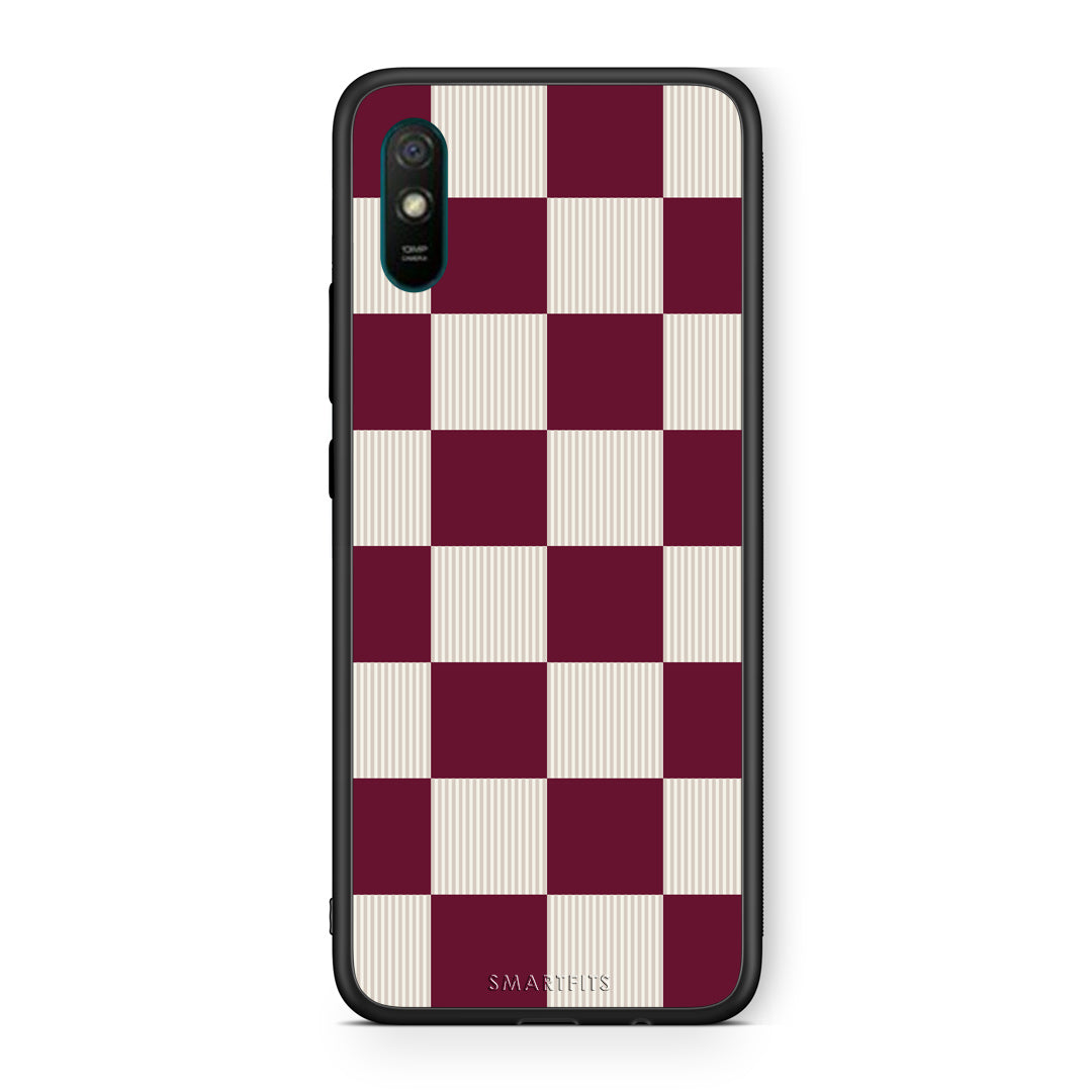 Θήκη Xiaomi Redmi 9A / 9AT Burgundy and Cream Striped Checks από τη Smartfits με σχέδιο στο πίσω μέρος και μαύρο περίβλημα | Xiaomi Redmi 9A / 9AT Burgundy and Cream Striped Checks case with colorful back and black bezels