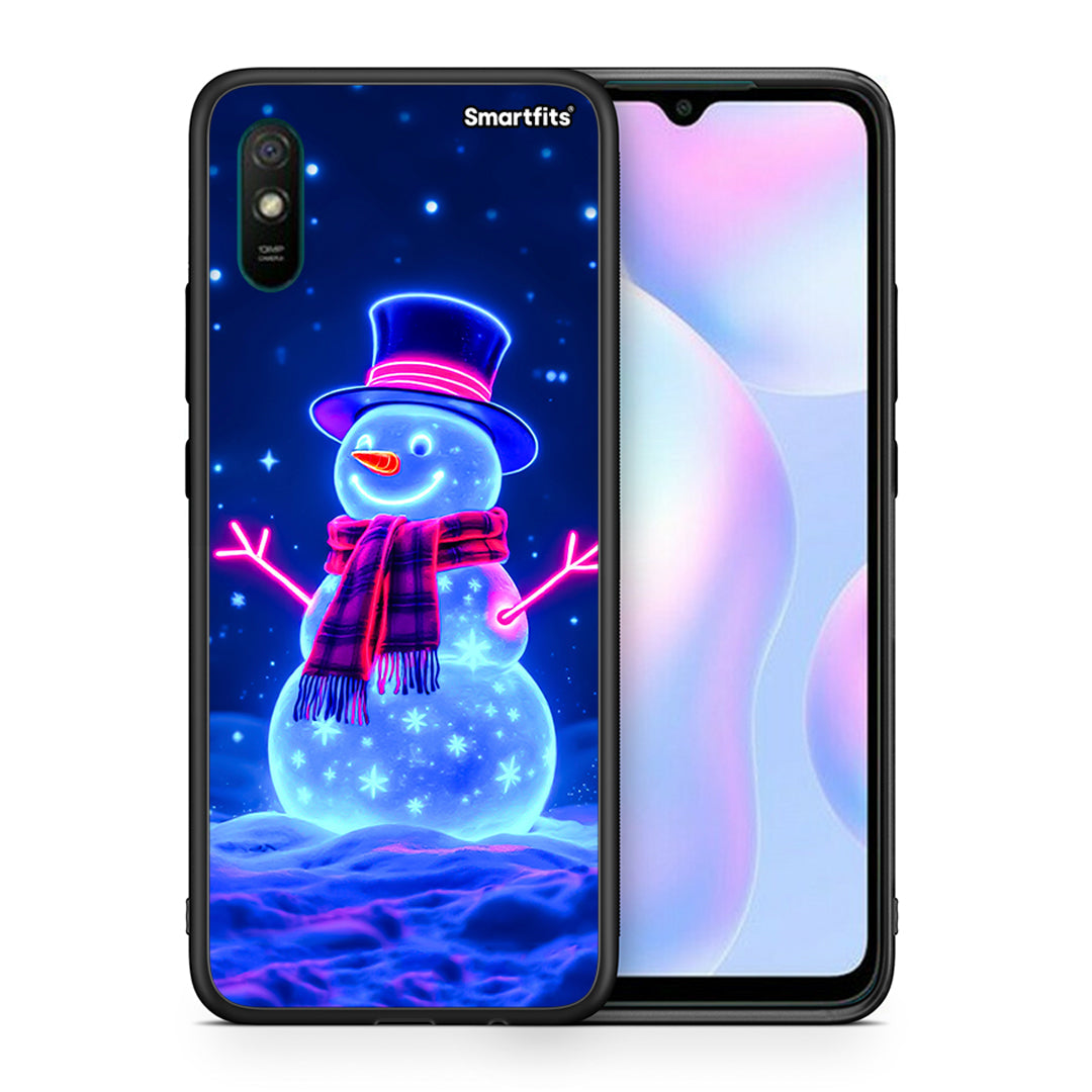 Θήκη Xiaomi Redmi 9A Christmas Neon Snowman από τη Smartfits με σχέδιο στο πίσω μέρος και μαύρο περίβλημα | Xiaomi Redmi 9A Christmas Neon Snowman case with colorful back and black bezels