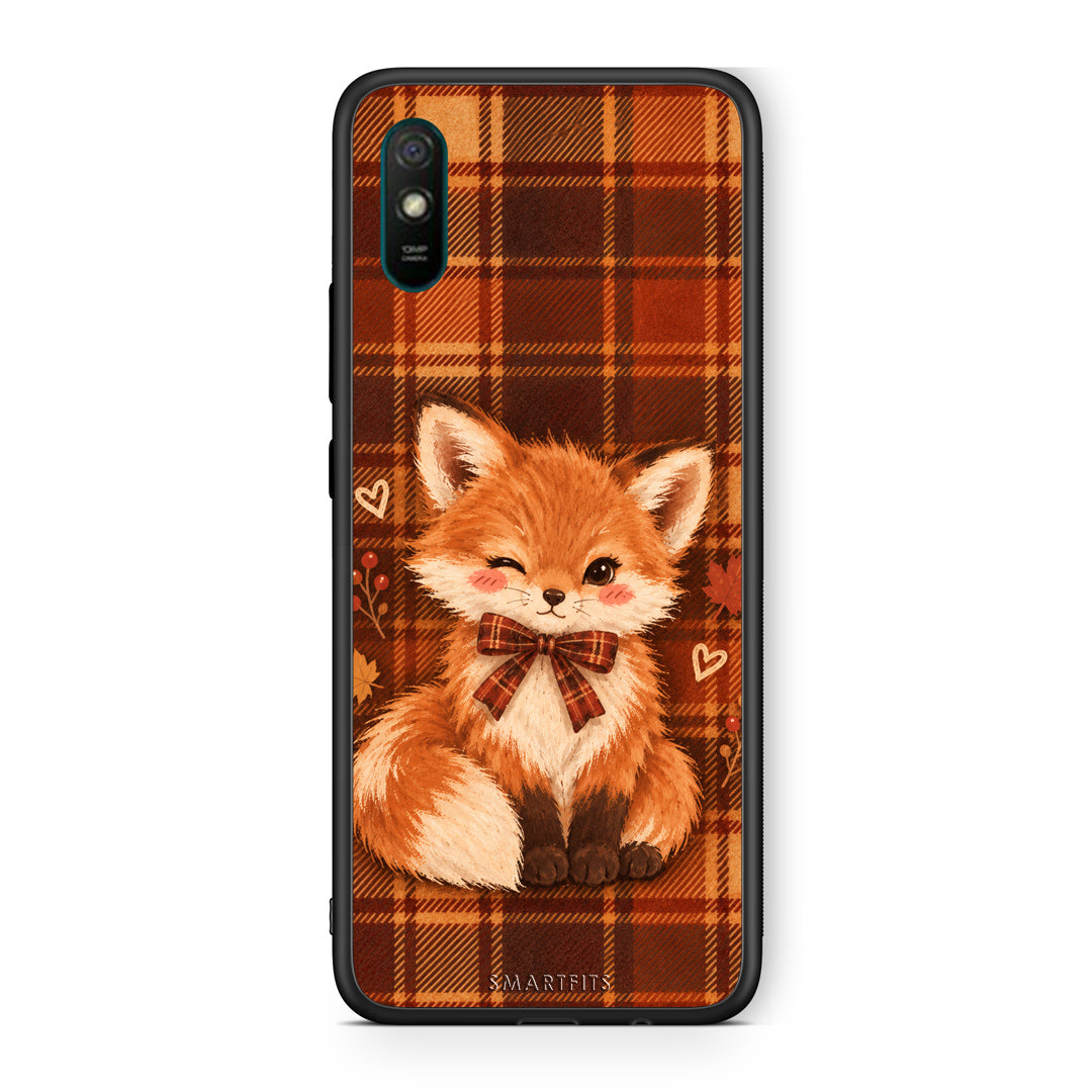Θήκη Xiaomi Redmi 9A / 9AT Fox on Autumn Tartan από τη Smartfits με σχέδιο στο πίσω μέρος και μαύρο περίβλημα | Xiaomi Redmi 9A / 9AT Fox on Autumn Tartan case with colorful back and black bezels