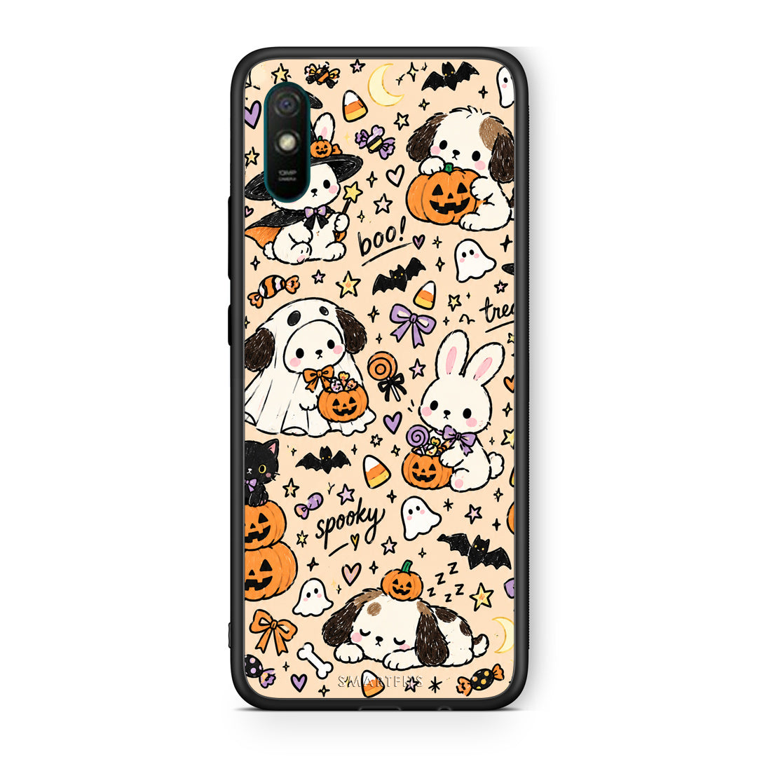 Θήκη Xiaomi Redmi 9A / 9AT Halloween Puppies and Friends on Cream από τη Smartfits με σχέδιο στο πίσω μέρος και μαύρο περίβλημα | Xiaomi Redmi 9A / 9AT Halloween Puppies and Friends on Cream case with colorful back and black bezels