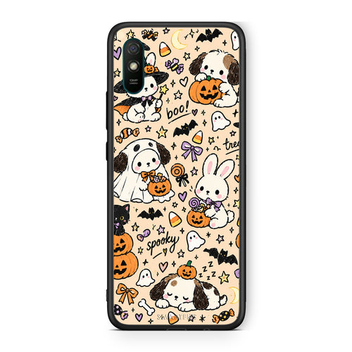 Θήκη Xiaomi Redmi 9A / 9AT Halloween Puppies and Friends on Cream από τη Smartfits με σχέδιο στο πίσω μέρος και μαύρο περίβλημα | Xiaomi Redmi 9A / 9AT Halloween Puppies and Friends on Cream case with colorful back and black bezels