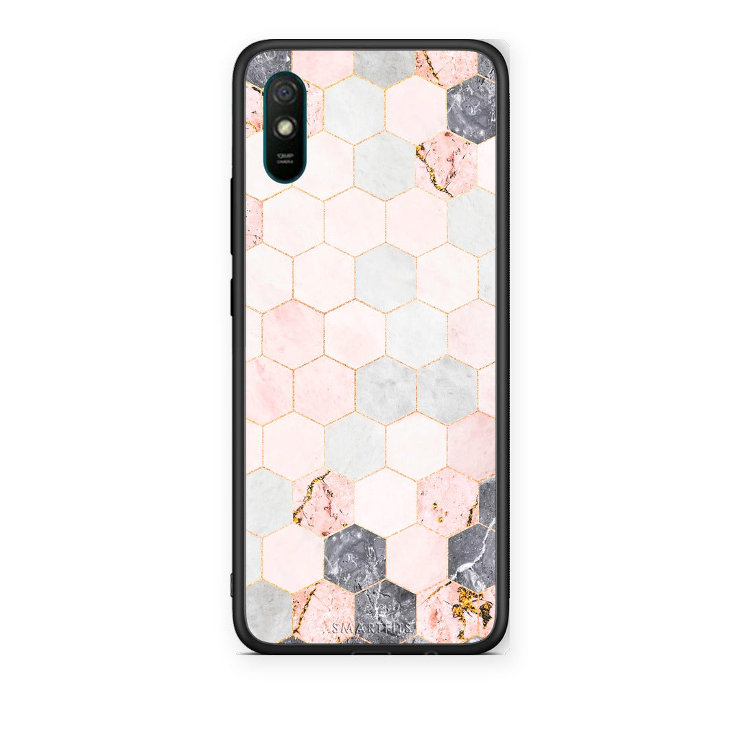 Θήκη Xiaomi Redmi 9A / 9AT Marble Hexagon Pink από τη Smartfits με σχέδιο στο πίσω μέρος και μαύρο περίβλημα | Xiaomi Redmi 9A / 9AT Marble Hexagon Pink case with colorful back and black bezels