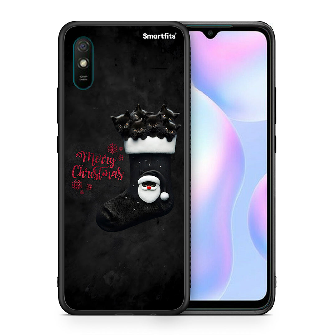 Θήκη Xiaomi Redmi 9A Merry Cat Christmas από τη Smartfits με σχέδιο στο πίσω μέρος και μαύρο περίβλημα | Xiaomi Redmi 9A Merry Cat Christmas case with colorful back and black bezels