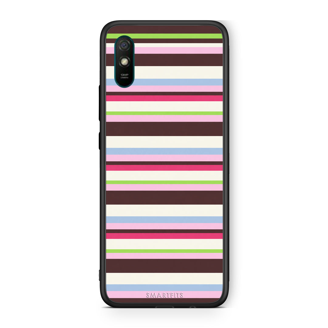 Θήκη Xiaomi Redmi 9A / 9AT Multicolour Horizontal Stripes από τη Smartfits με σχέδιο στο πίσω μέρος και μαύρο περίβλημα | Xiaomi Redmi 9A / 9AT Multicolour Horizontal Stripes case with colorful back and black bezels