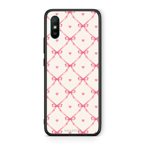 Θήκη Xiaomi Redmi 9A / 9AT Pink Bow Lattice and Hearts on Cream από τη Smartfits με σχέδιο στο πίσω μέρος και μαύρο περίβλημα | Xiaomi Redmi 9A / 9AT Pink Bow Lattice and Hearts on Cream case with colorful back and black bezels