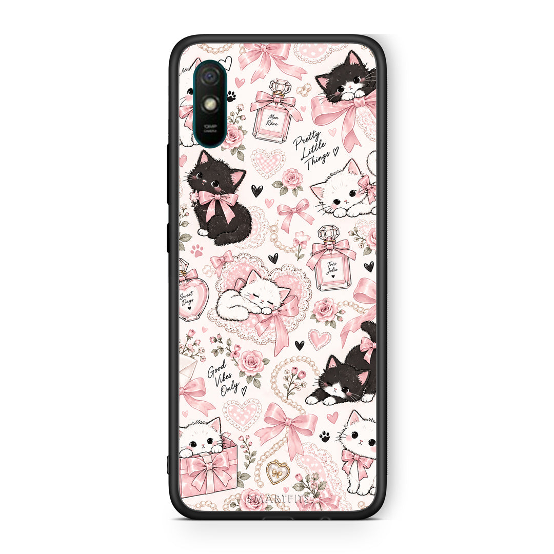 Θήκη Xiaomi Redmi 9A / 9AT Pink Bows and Kittens Collage από τη Smartfits με σχέδιο στο πίσω μέρος και μαύρο περίβλημα | Xiaomi Redmi 9A / 9AT Pink Bows and Kittens Collage case with colorful back and black bezels