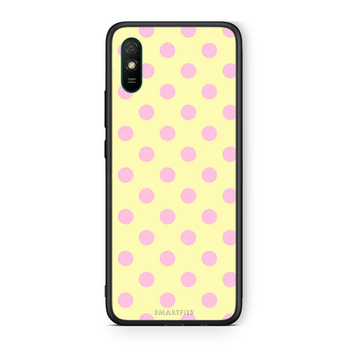 Θήκη Xiaomi Redmi 9A / 9AT Pink Polka Dots on Yellow από τη Smartfits με σχέδιο στο πίσω μέρος και μαύρο περίβλημα | Xiaomi Redmi 9A / 9AT Pink Polka Dots on Yellow case with colorful back and black bezels