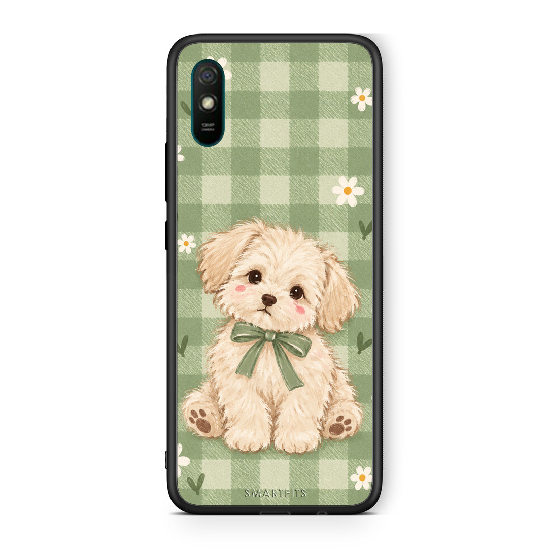 Θήκη Xiaomi Redmi 9A / 9AT Puppy and Daisies on Sage Gingham από τη Smartfits με σχέδιο στο πίσω μέρος και μαύρο περίβλημα | Xiaomi Redmi 9A / 9AT Puppy and Daisies on Sage Gingham case with colorful back and black bezels