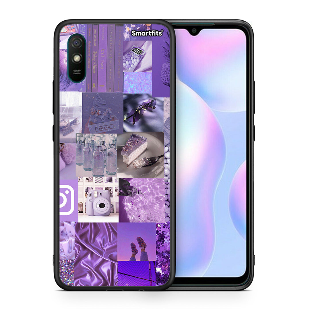 Θήκη Xiaomi Redmi 9A Purple Aesthetic Collage από τη Smartfits με σχέδιο στο πίσω μέρος και μαύρο περίβλημα | Xiaomi Redmi 9A Purple Aesthetic Collage case with colorful back and black bezels