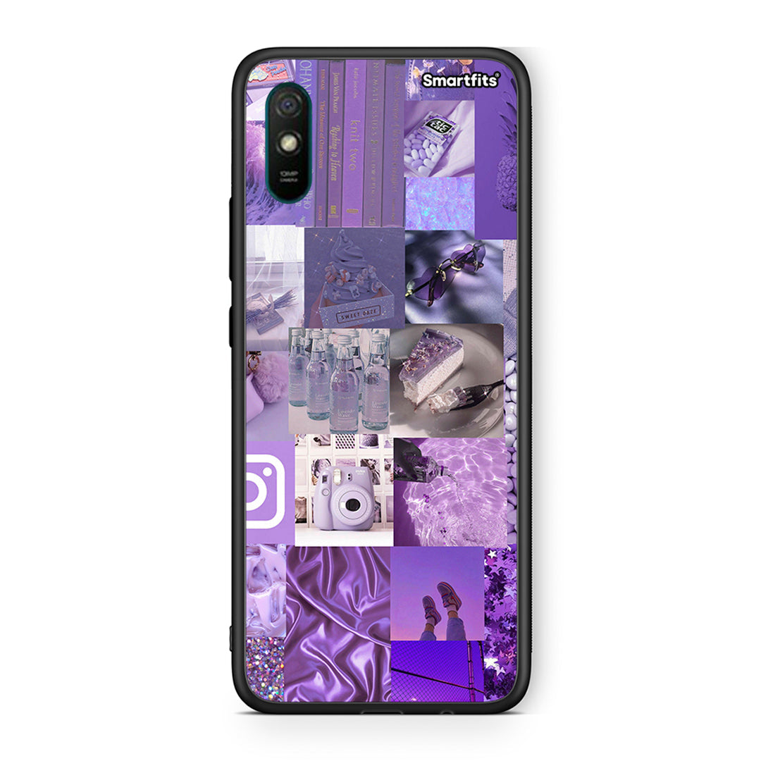 Xiaomi Redmi 9A Purple Aesthetic Collage θήκη από τη Smartfits με σχέδιο στο πίσω μέρος και μαύρο περίβλημα | Smartphone case with colorful back and black bezels by Smartfits