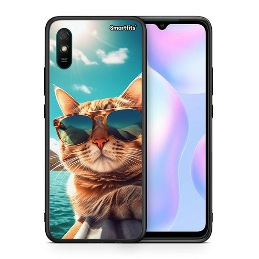 Θήκη Xiaomi Redmi 9A Summer Cat από τη Smartfits με σχέδιο στο πίσω μέρος και μαύρο περίβλημα | Xiaomi Redmi 9A Summer Cat case with colorful back and black bezels