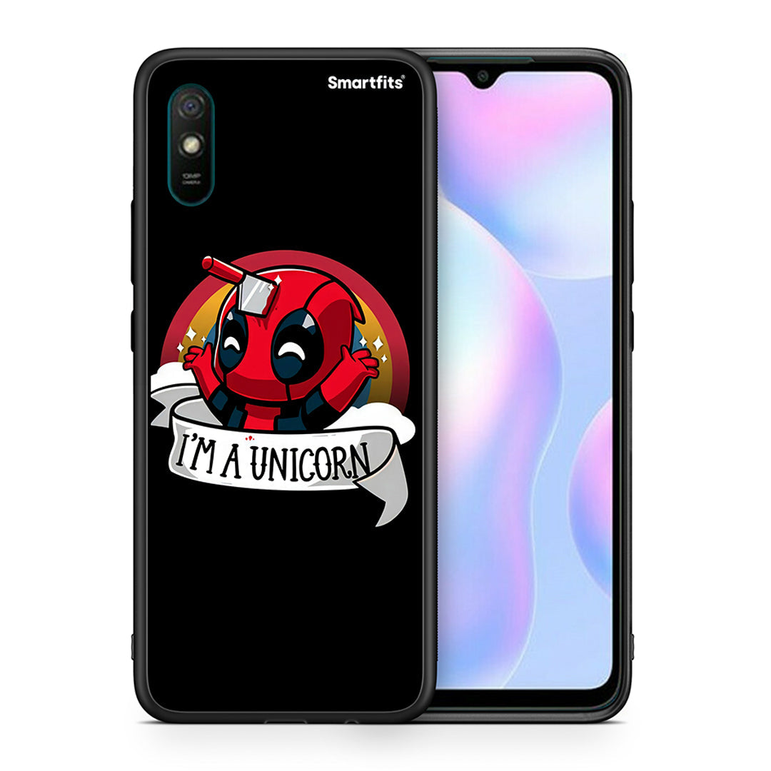 Θήκη Xiaomi Redmi 9A Unicorn Deadpool από τη Smartfits με σχέδιο στο πίσω μέρος και μαύρο περίβλημα | Xiaomi Redmi 9A Unicorn Deadpool case with colorful back and black bezels