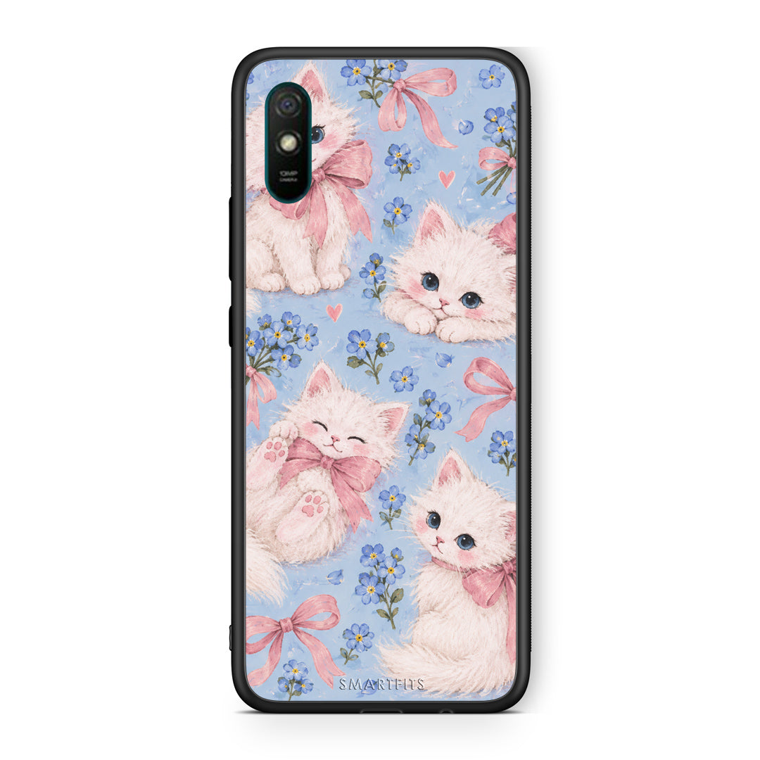 Θήκη Xiaomi Redmi 9A / 9AT White Kittens and Blue Flowers Large από τη Smartfits με σχέδιο στο πίσω μέρος και μαύρο περίβλημα | Xiaomi Redmi 9A / 9AT White Kittens and Blue Flowers Large case with colorful back and black bezels