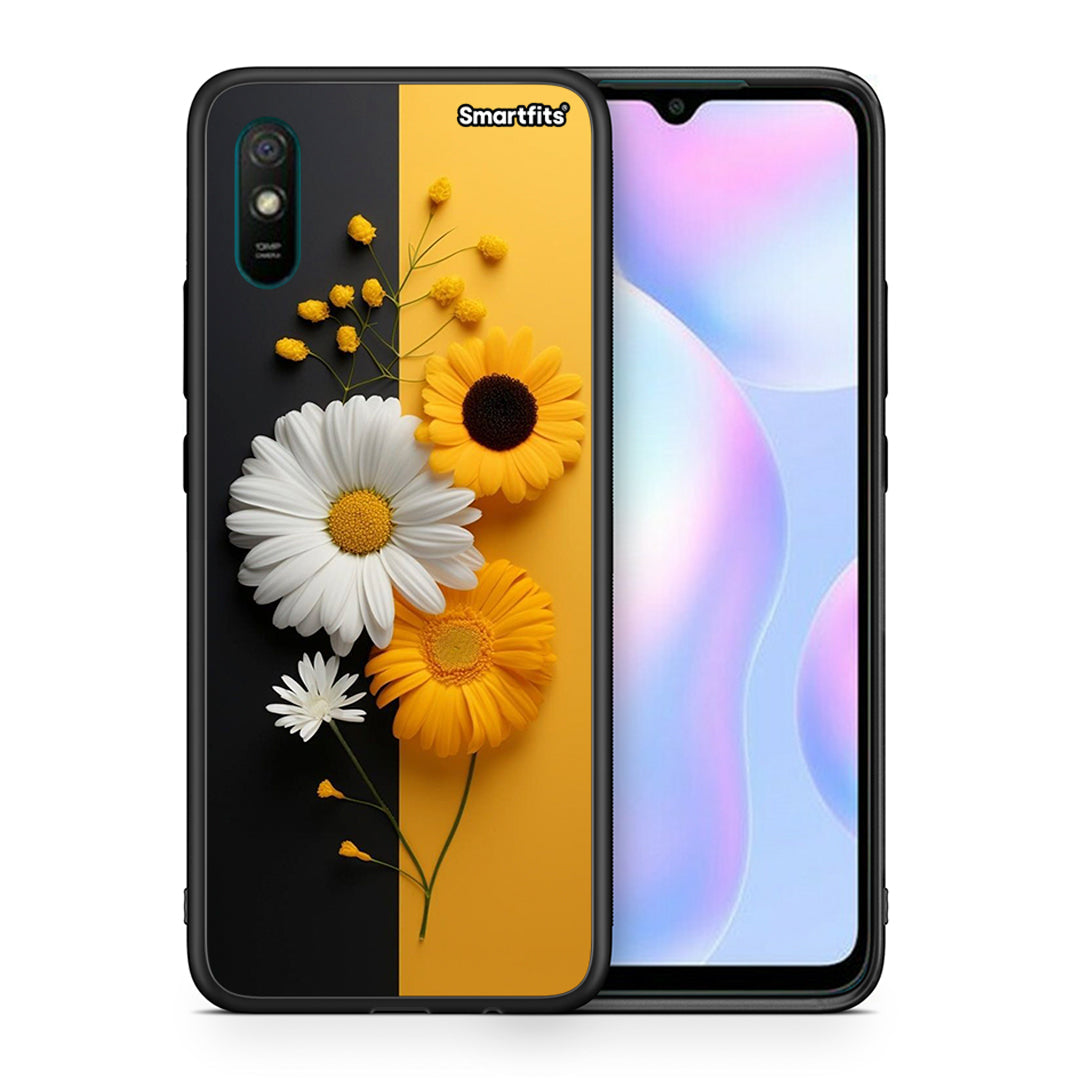 Θήκη Xiaomi Redmi 9A Yellow Daisies από τη Smartfits με σχέδιο στο πίσω μέρος και μαύρο περίβλημα | Xiaomi Redmi 9A Yellow Daisies case with colorful back and black bezels