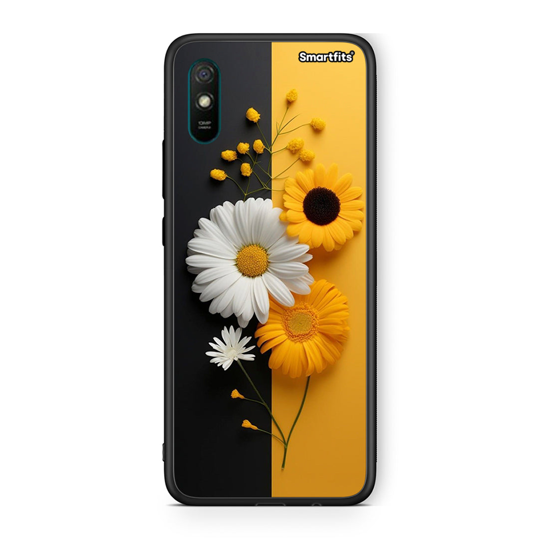 Xiaomi Redmi 9A Yellow Daisies θήκη από τη Smartfits με σχέδιο στο πίσω μέρος και μαύρο περίβλημα | Smartphone case with colorful back and black bezels by Smartfits