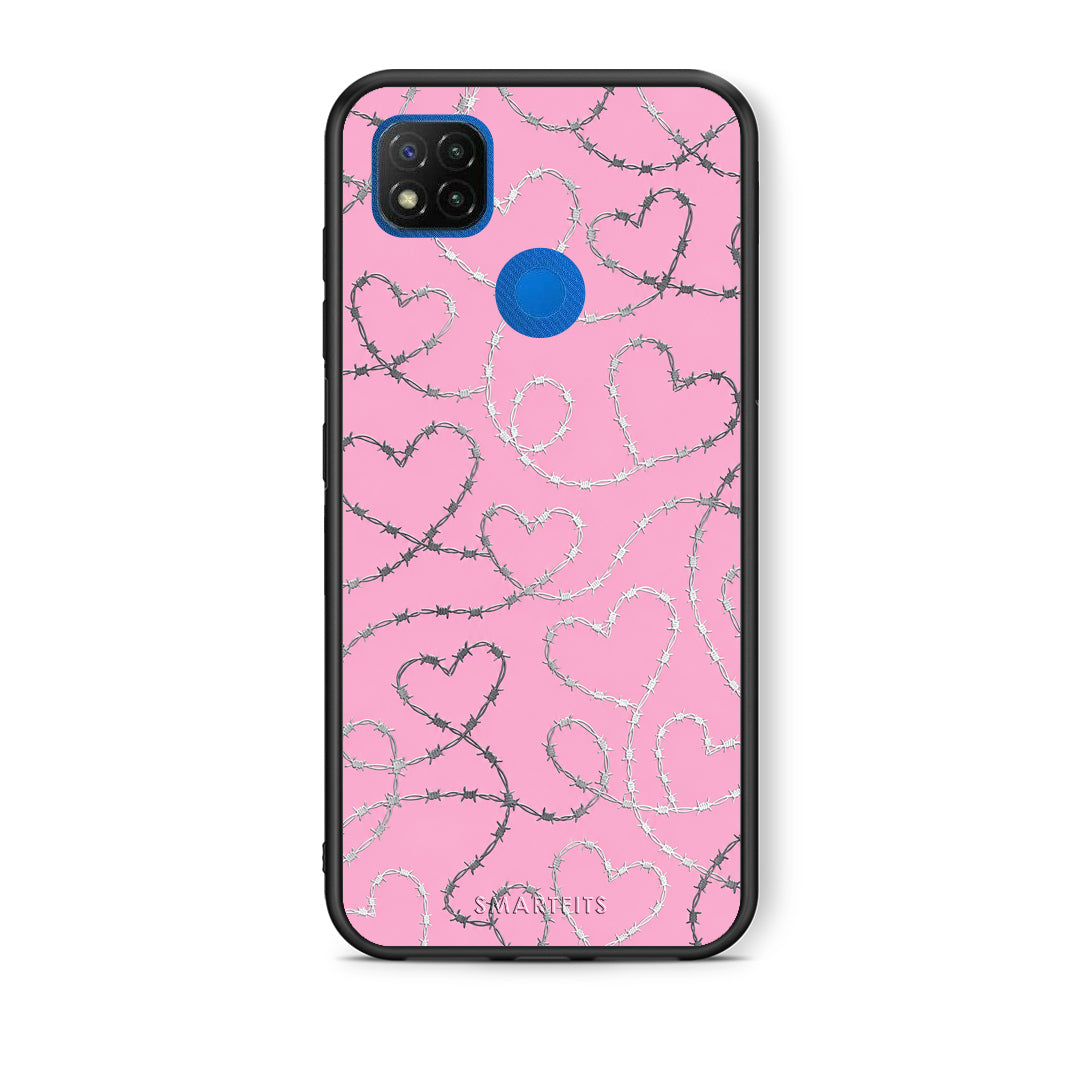 Θήκη Xiaomi Redmi 9C Barbed Wire Hearts on Pink από τη Smartfits με σχέδιο στο πίσω μέρος και μαύρο περίβλημα | Xiaomi Redmi 9C Barbed Wire Hearts on Pink case with colorful back and black bezels