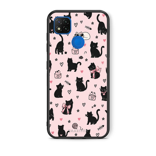 Θήκη Xiaomi Redmi 9C Black Cat Doodles on Pink από τη Smartfits με σχέδιο στο πίσω μέρος και μαύρο περίβλημα | Xiaomi Redmi 9C Black Cat Doodles on Pink case with colorful back and black bezels