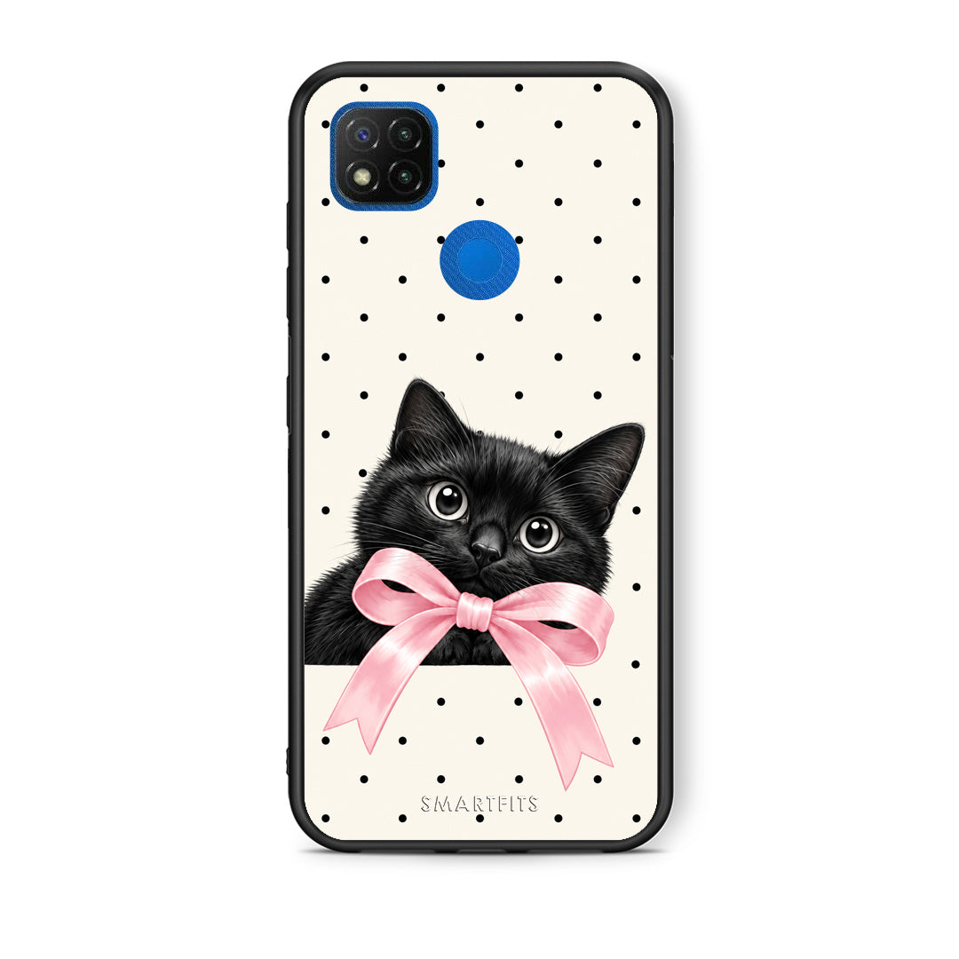 Θήκη Xiaomi Redmi 9C Black Kitten Pink Bow and Polka Dots από τη Smartfits με σχέδιο στο πίσω μέρος και μαύρο περίβλημα | Xiaomi Redmi 9C Black Kitten Pink Bow and Polka Dots case with colorful back and black bezels