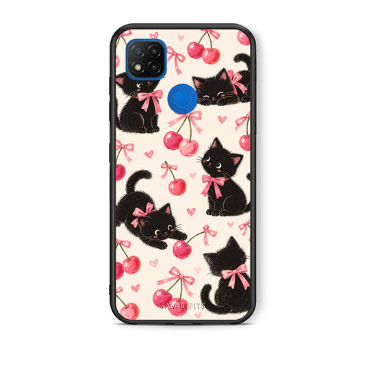 Θήκη Xiaomi Redmi 9C Black Kittens and Cherries on Cream από τη Smartfits με σχέδιο στο πίσω μέρος και μαύρο περίβλημα | Xiaomi Redmi 9C Black Kittens and Cherries on Cream case with colorful back and black bezels