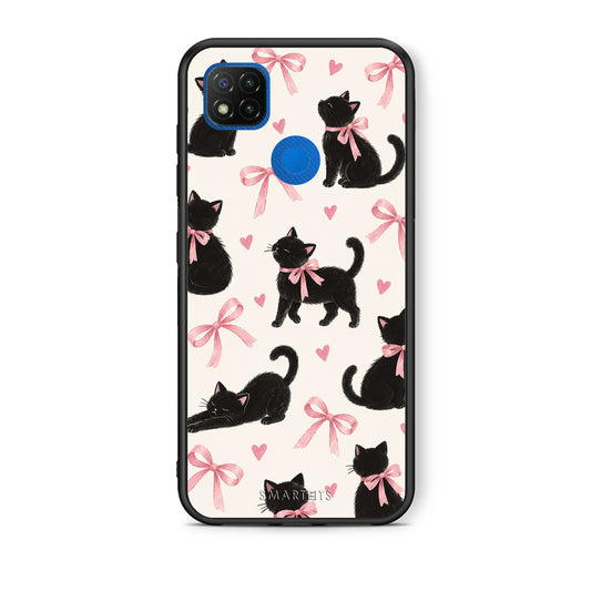 Θήκη Xiaomi Redmi 9C Black Kittens and Pink Bows on Cream Large από τη Smartfits με σχέδιο στο πίσω μέρος και μαύρο περίβλημα | Xiaomi Redmi 9C Black Kittens and Pink Bows on Cream Large case with colorful back and black bezels