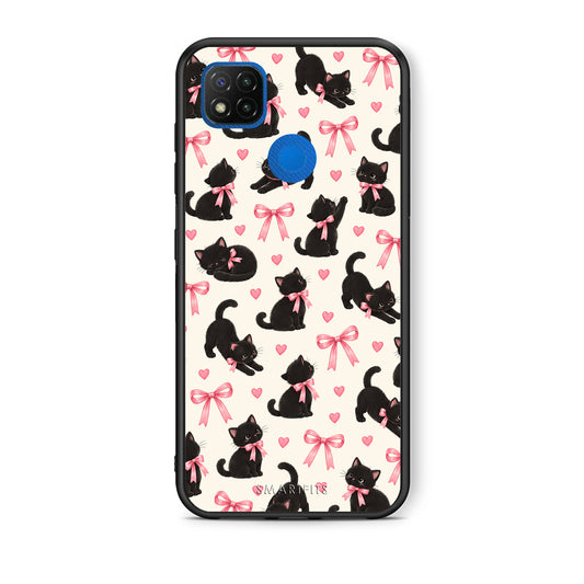 Θήκη Xiaomi Redmi 9C Black Kittens and Pink Bows on Cream Small από τη Smartfits με σχέδιο στο πίσω μέρος και μαύρο περίβλημα | Xiaomi Redmi 9C Black Kittens and Pink Bows on Cream Small case with colorful back and black bezels