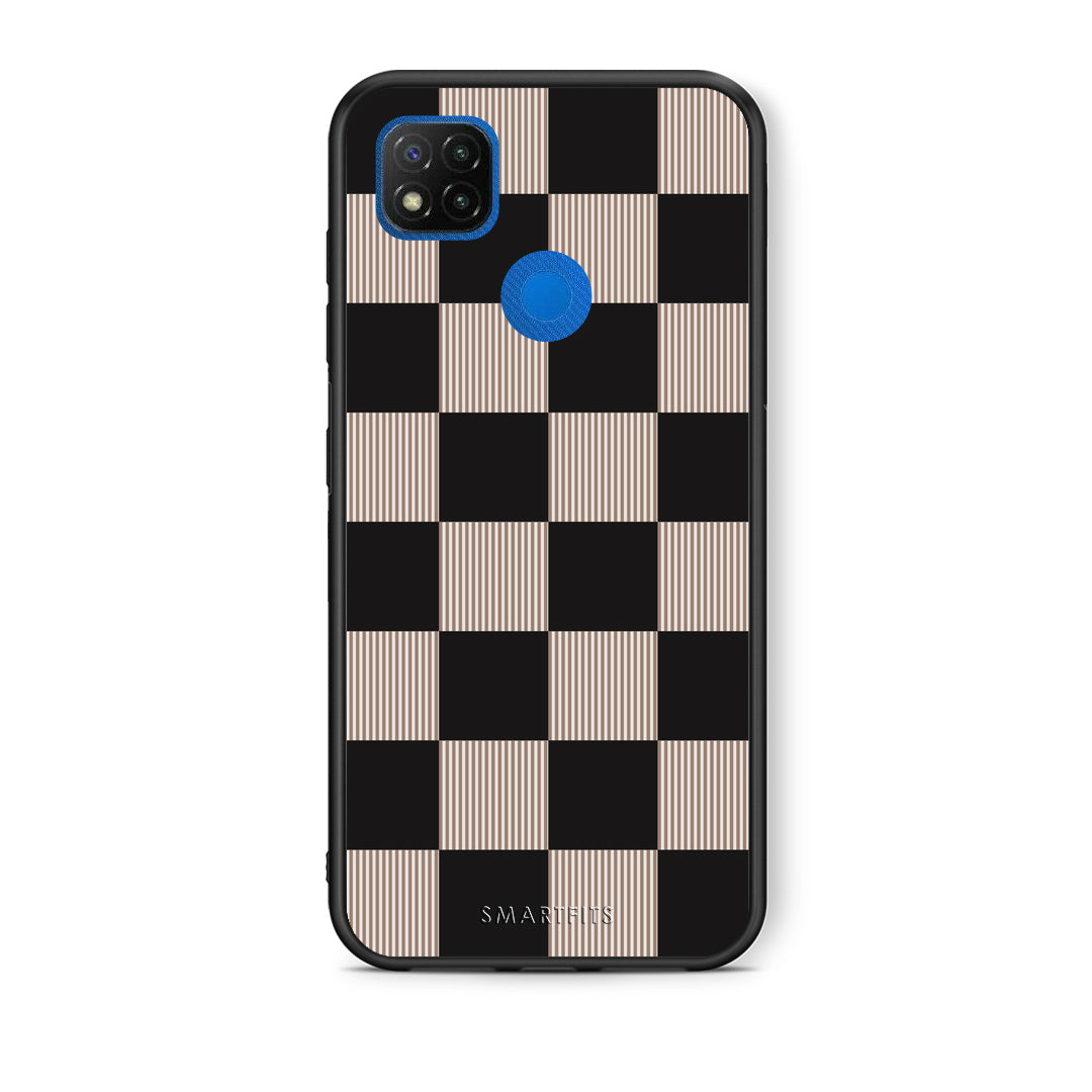 Θήκη Xiaomi Redmi 9C Black and Taupe Striped Checks από τη Smartfits με σχέδιο στο πίσω μέρος και μαύρο περίβλημα | Xiaomi Redmi 9C Black and Taupe Striped Checks case with colorful back and black bezels