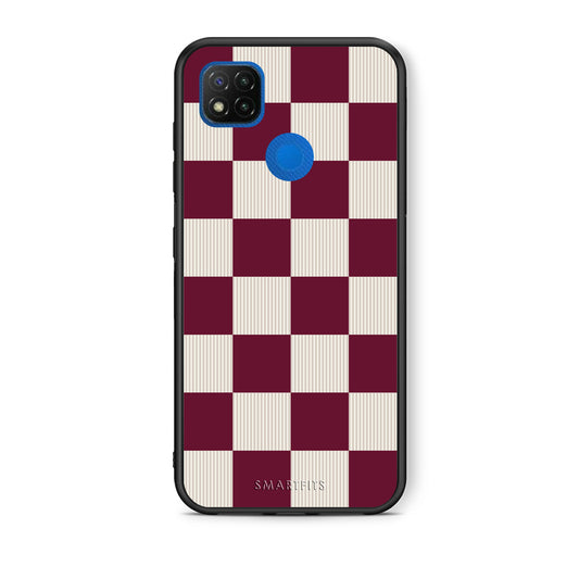 Θήκη Xiaomi Redmi 9C Burgundy and Cream Striped Checks από τη Smartfits με σχέδιο στο πίσω μέρος και μαύρο περίβλημα | Xiaomi Redmi 9C Burgundy and Cream Striped Checks case with colorful back and black bezels