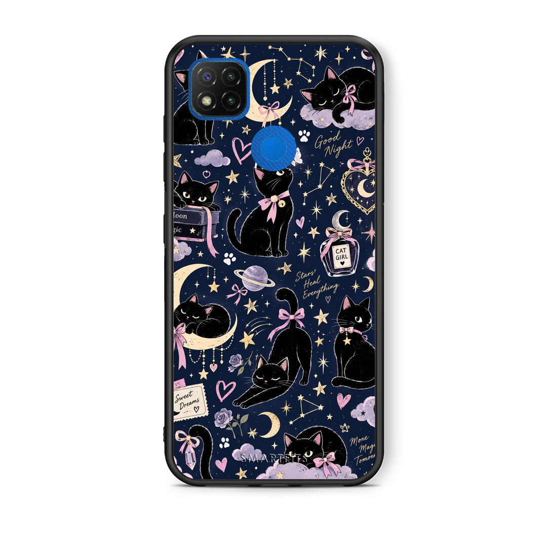 Θήκη Xiaomi Redmi 9C Celestial Black Cats on Navy από τη Smartfits με σχέδιο στο πίσω μέρος και μαύρο περίβλημα | Xiaomi Redmi 9C Celestial Black Cats on Navy case with colorful back and black bezels